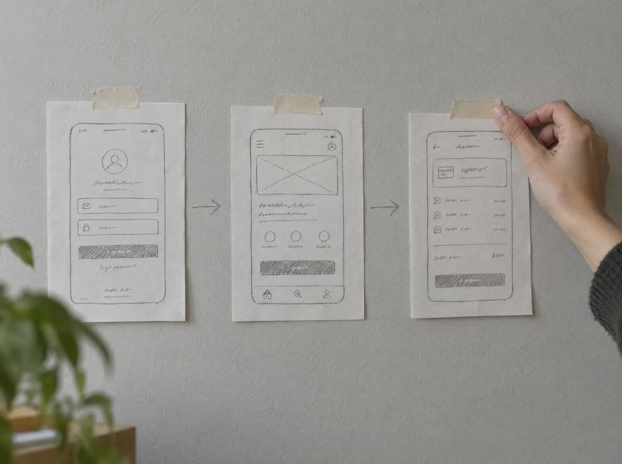 Imagen ilustrativa: tres bocetos de pantallas de una app pegados en la pared y unidos por flechas.