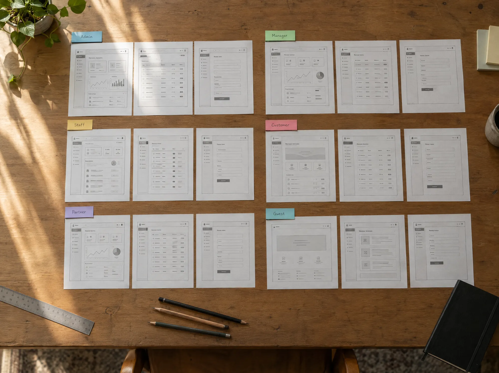 Imagen ilustrativa: una mesa con decenas de wireframes impresos agrupados por tipo de usuario.